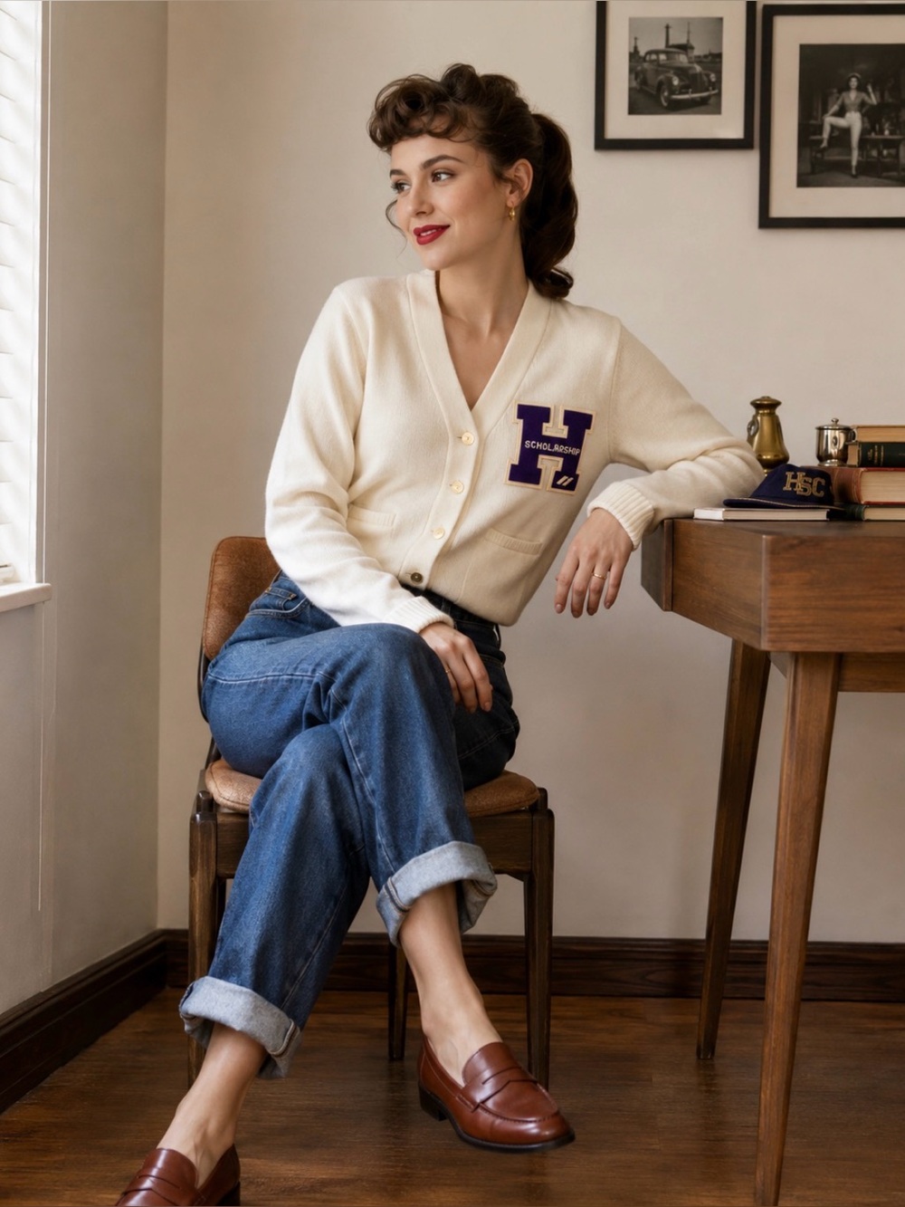 DuPont Vintage Ivory Cardigan with Purple 'H' Patch